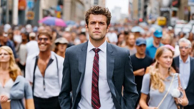 Determined Presence: A confident individual stands resolute amidst a bustling crowd. His gaze is focused, his posture exudes resolve.