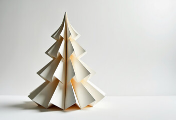A Christmas tree, beautifully folded from white paper on a light background, a place for text.