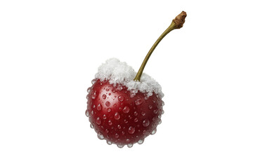 A single fresh red cherry with a stem, covered in sparkling water drops and melting snow, showcases a beautiful and unusual combination of seasons in a detailed close-up view