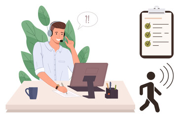 Man with headset engaging in customer support over call at desk with laptop, checklist, and walking figure. Ideal for business, communication, support, productivity, organization, responsibility