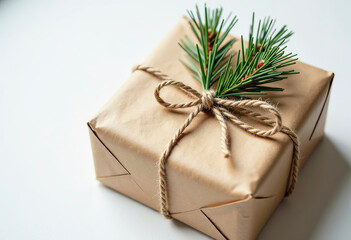 A gift wrapped in brown craft paper, tied with twine and a sprig of fresh pine. Simple, rustic, eco-friendly.