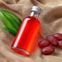 A clear glass bottle filled with vibrant red liquid, placed on a textured burlap surface. Beside the bottle are several dark red grapes and two large green leav