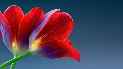 A close-up, side profile of two red tulips with purple and yellow accents, set against a solid blue background. The lighting highlights the delicate texture of