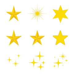 Collection of golden stars and sparkles on a white background