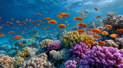 A colorful coral reef with a large school of orange fish swimming around
