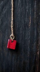 A small, square, red wooden charm is suspended by a coarse rope, attached with a metal ring, against a dark, textured wooden surface. The lighting is natural an