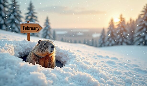 Groundhog peeking from snowy burrow in winter landscape at sunrise - Powered by Adobe
