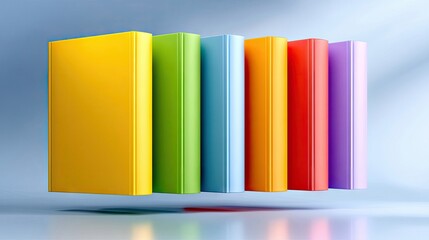 A row of seven brightly colored, blank books floating in the air against a soft blue gradient background with subtle light reflections.