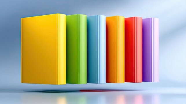 A row of seven brightly colored, blank books floating in the air against a soft blue gradient background with subtle light reflections.