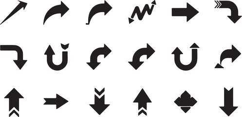 Vector arrow glyph icons of direction, move, pointer, rotate, turn, return, expand, merge, diverge and sign