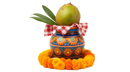 Clay pots decorated with green-coconut and flower for worship