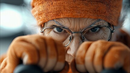 Close-up of a determined senior woman with glasses and an orange headband, holding onto exercise equipment, indoors.