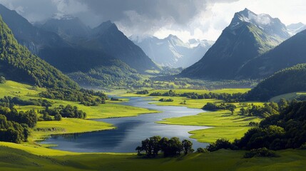 A breathtaking landscape of a wide, winding river flowing through a verdant valley. Majestic, tree-covered mountains rise on either side, with dramatic, cloudy