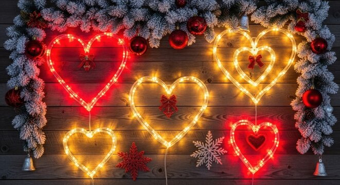 Glowing heart shaped christmas lights on rustic wooden wall with fir branches - Powered by Adobe