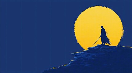 A lone adult figure, silhouetted against a giant yellow moon, stands on a rocky outcrop holding a sword. The scene is set against a deep blue night sky, creatin