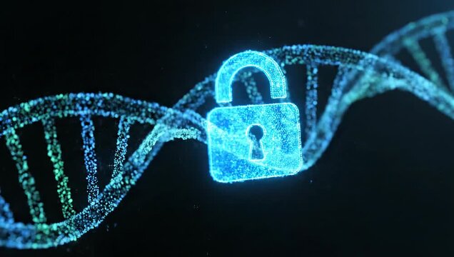 Digital representation of a DNA strand overlaid with a glowing padlock, symbolizing data security. - Powered by Adobe