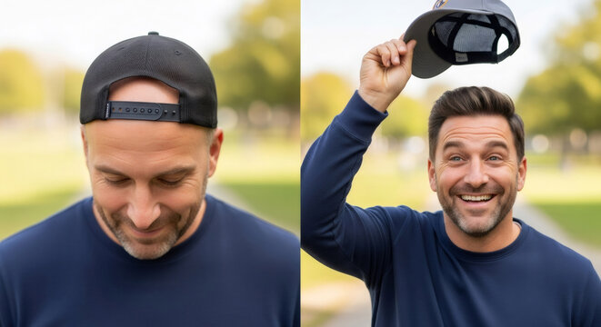 Happy man showing off his successful hair transplant results. Male with new hairline and healthy hair after procedure. Cosmetic surgery concept.