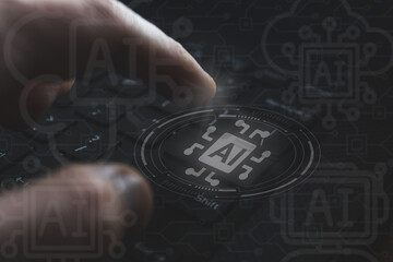 Finger pressing keyboard key with AI chip illustration overlay and abstract circuit graphics