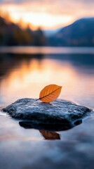 A single, vibrant orange autumn leaf rests on a dark, wet rock in the calm water of a lake. The background shows a blurred landscape of trees and mountains unde