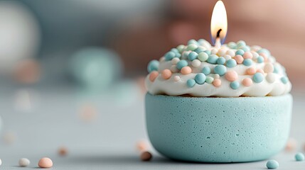 A single cupcake with white frosting and colorful sprinkles is topped with a lit candle. The cupcake sits on a light blue surface, with a soft, blurred backgrou