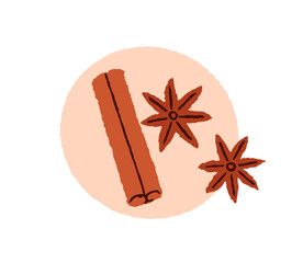 Cinnamon stick, roll and star anise, badian. Aromatic dry spices for baking, cooking, seasonal flavor. Natural winter condiments. Flat vector illustration isolated on white background