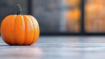 A single, bright orange pumpkin sits on a textured surface, with a blurred background suggesting an indoor setting and warm lighting.