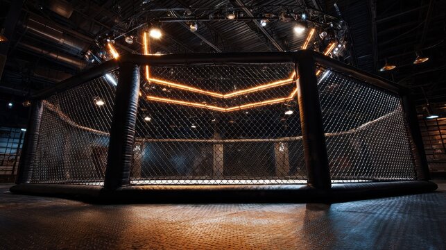A boxing ring with a black fence and lights