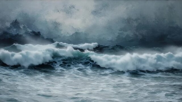 Waves crash dramatically against dark rocky shores under a cloudy sky filled with turbulent storm clouds