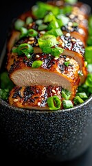 A close-up shot of sliced teriyaki chicken breast, garnished with sesame seeds and chopped green onions, served in a dark textured bowl. The lighting is dramati