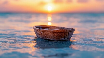 A small, weathered wooden boat drifts gently on the turquoise ocean surface. The sun sets in the background, casting a warm, golden glow across the sky and refl