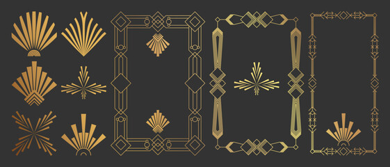 Naklejka premium Collection of geometric art deco ornament. Luxury golden decorative element with different line, frame, headers, dividers, borders, gatsby. Set of elegant design suitable for card, invitation, poster.