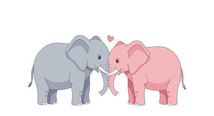 Fototapeta premium A loving pair of cute cartoon elephants, one grey and one pink, with intertwined trunks and a heart symbol of affection.