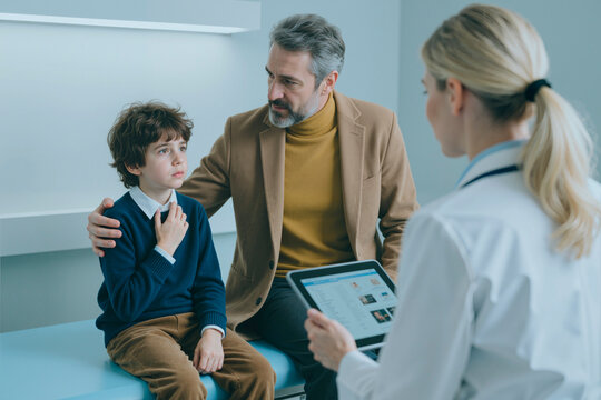 boy sitting on examination table touching throat while man comforting him and female doctor holding digital tablet conducting medical consultation