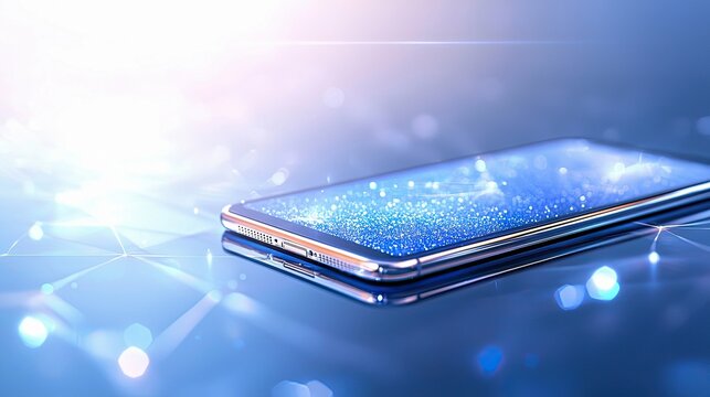 A modern smartphone with a vibrant, glowing blue screen displaying a network of light particles, set against an abstract, digitally enhanced background with sof - Powered by Adobe