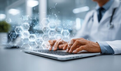 Doctor typing on laptop with healthcare hologram interface