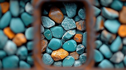 A close-up, macro view of smooth, rounded pebbles and rocks in vibrant teal and warm orange colors, framed by a blurred, rusty metal structure. The lighting cre