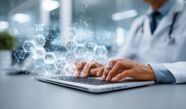 Doctor typing on laptop with healthcare hologram interface