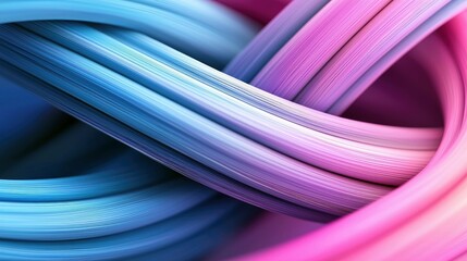 Abstract, flowing strands of material in gradient colors of blue and pink, intertwined in a smooth, organic form with soft, diffused lighting.