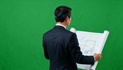 Rear view of focused professional businessman or architect holding and looking at blueprint plan. Man in suit against green screen