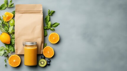 Glass jar with orange smoothie, brown paper pouch, fresh citrus, kiwi, blueberries, green mint leaves displayed. Healthy natural detox nutrition. Clean background.