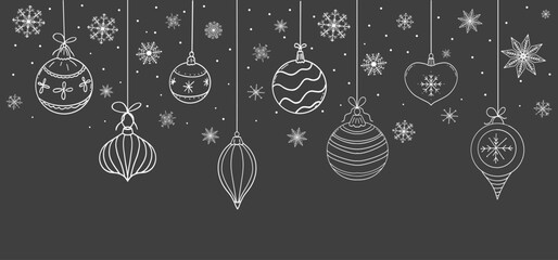 Christmas garland hanging balls, stars snowflakes sketch elements decorating for the Christmas and New Year chalk on blackboard. Design element, winter border, header 