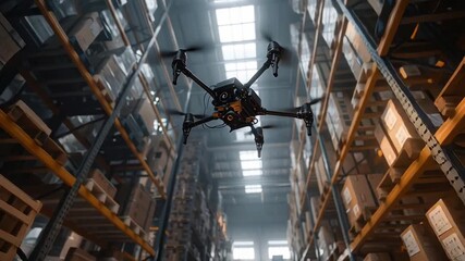 Warehouse drone delivering package and inspecting stacked cardboard box inventory. automation job shift dim warehouse aisle with cinematic lighting - Powered by Adobe