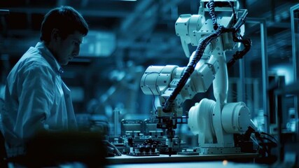 Automation job shift engineer adjusts robotic arm dim factory lab while technician programs robotic automation with focused expression and cool blue - Powered by Adobe