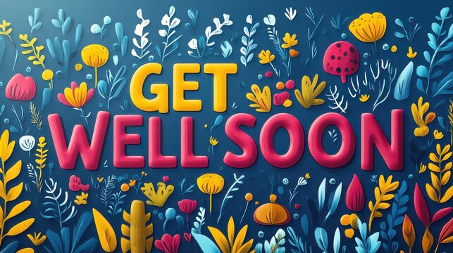 Colorful "Get Well Soon" message surrounded by flowers and plants.