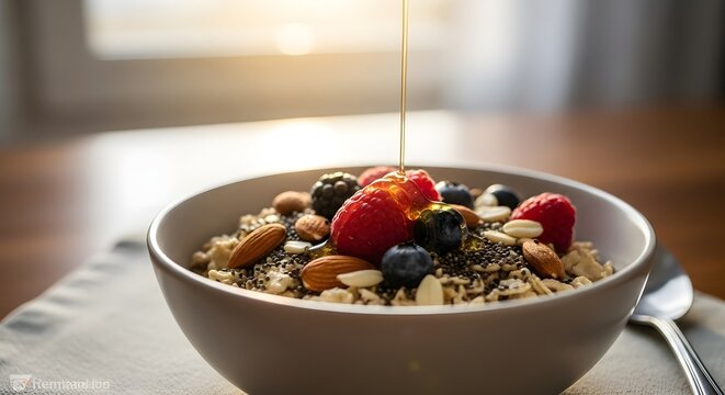 Enjoy a delicious and healthy breakfast bowl with fresh berries, almonds, and honey for a vibrant start to your day, a truly wholesome indulgence