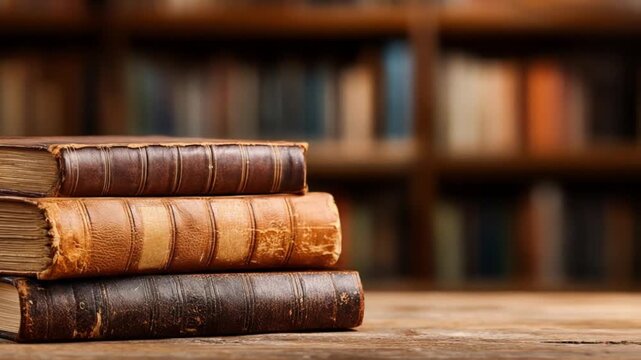 A stack of aged, old leather-bound books rests on a wooden table with blurred library shelves, warm