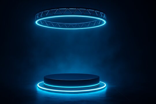 Futuristic neon blue circular podium under glowing ring truss, perfect showcase background for product presentation and technology branding