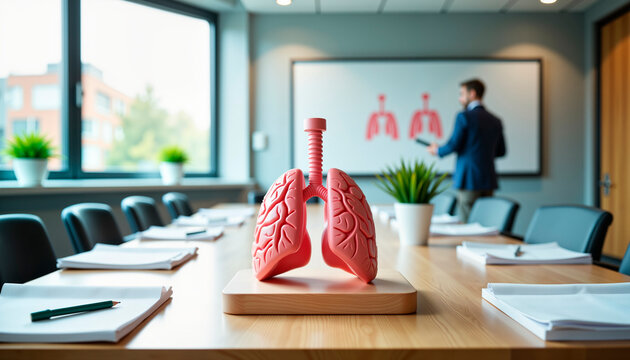 A model of lungs is displayed on a table in a conference room while a speaker discusses the medical concept of "walking pneumonia."
