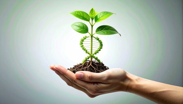 hand gently holding a single, vibrant green plant with roots that transform into a DNA-like double helix, symbolizing natural health