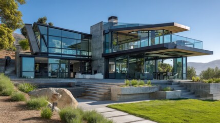 Contemporary American home with angular glass architecture open terraces and steel accents surrounded by manicured grass and minimalist